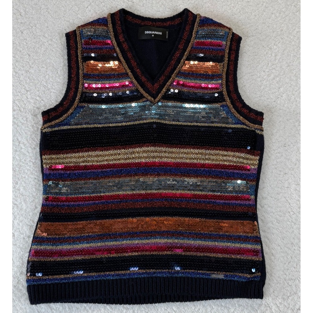 Dsquared2 Sequin Striped V-Neck Sweater Vest Navy Multi Italy M